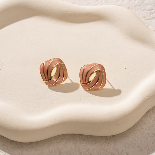 3 Pairs - Colorful Oil Drop Stainless Steel Square Earrings - Pink (1 Pair Price - 51)