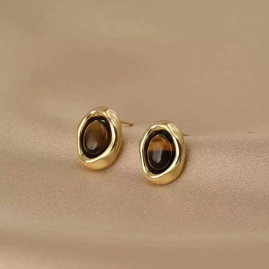 6 Set - Caramel chestnut Maillard style tiger eye stone oval earrings (Unit price 20)