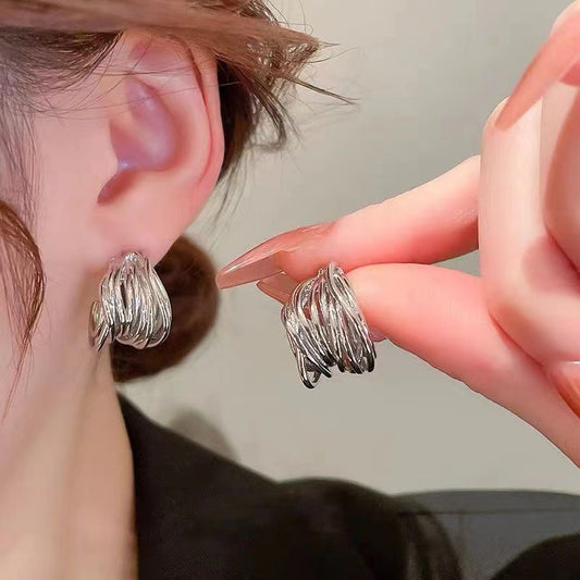 6 Set - Hollow winding C-shaped hoop earrings - Silver (Unit price 24)