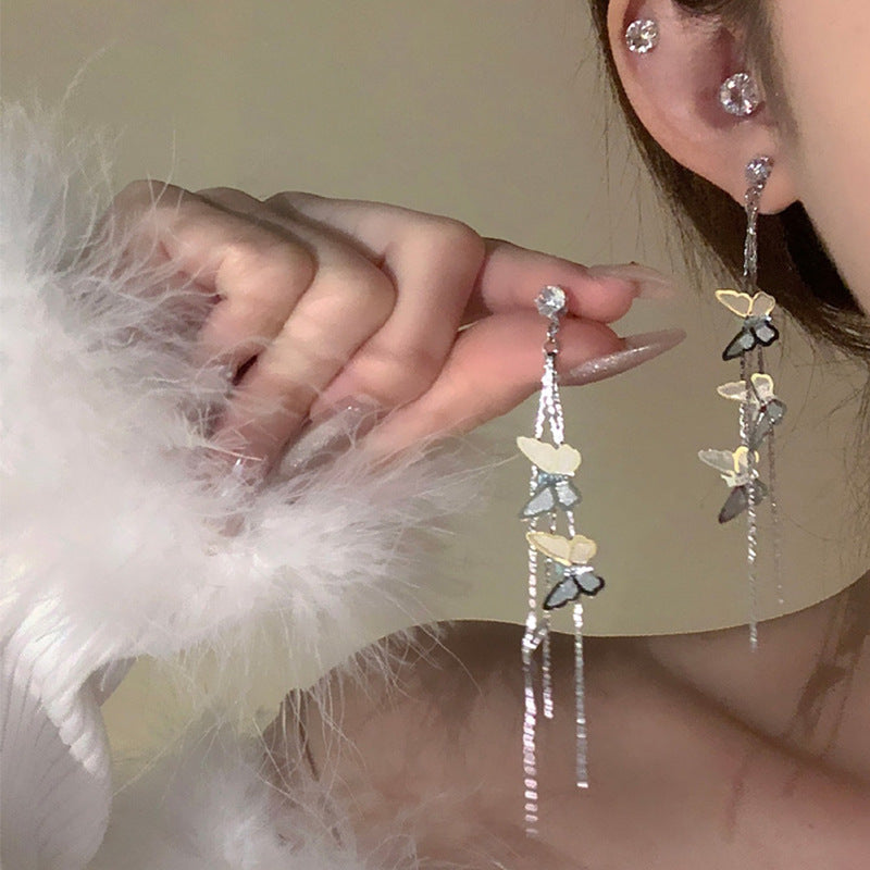 6 Pairs - Fairy Long Tassel Butterfly Earrings - Silver (1 Pair Price - 38)