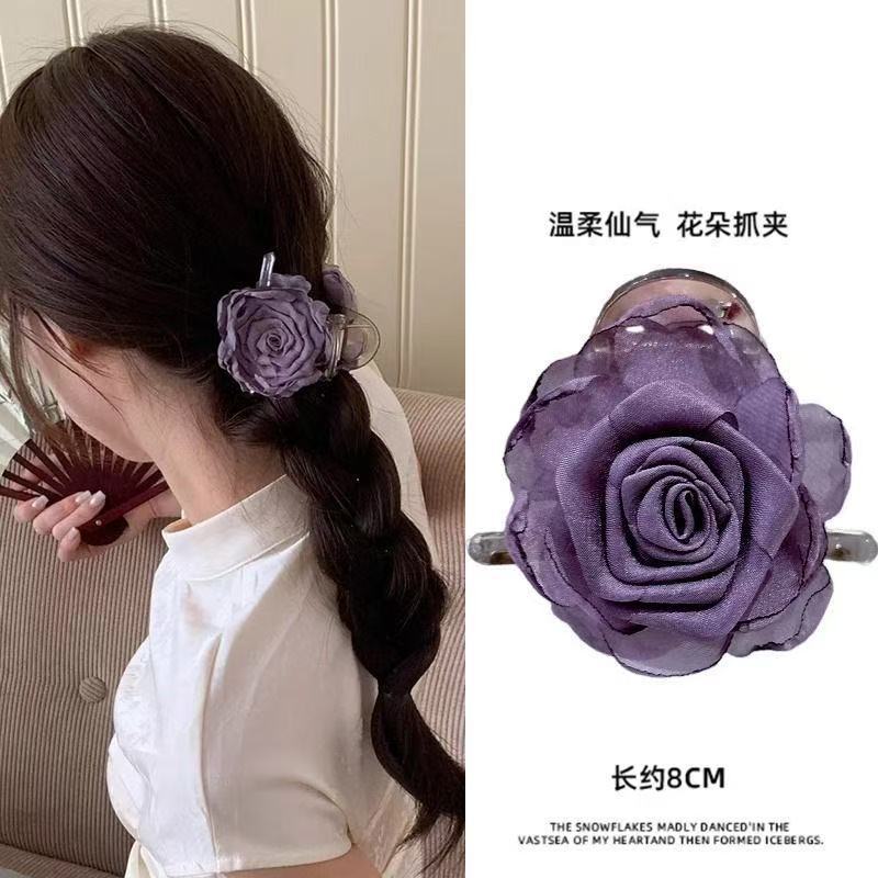 6 Pc - Fairy-Style Tulle Rose Acrylic Hair Clip Cluther - Mix Color (1 Pc Price - 41)