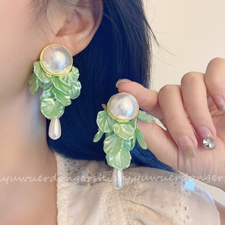 6 Set - Silver needle water drop pearl petal tassel earrings (Mix color) (Unit price 57)