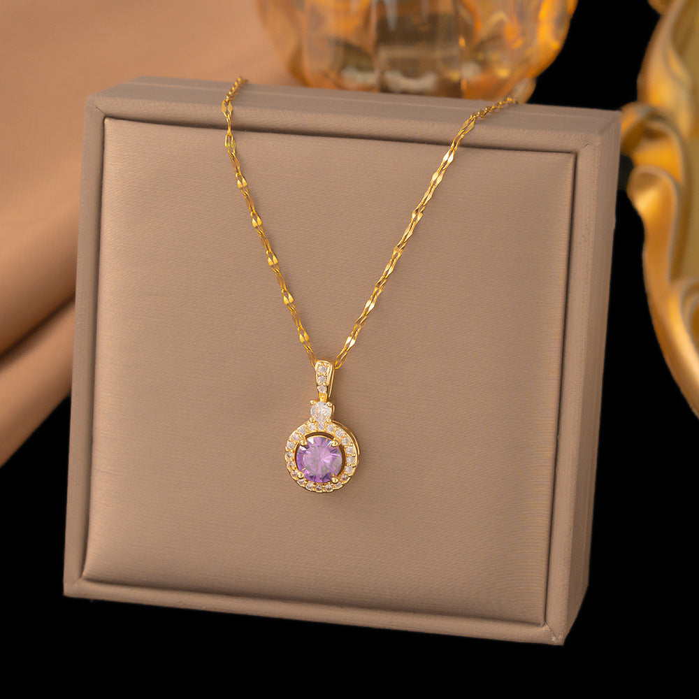 3 Pc - Anti Tarnish Purple diamond round necklace gold (1 Pc Price - 83)