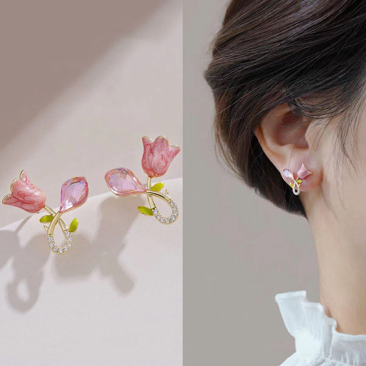 6 Pairs - New Niche Pink Tulip Flower Earrings (1 Pair Price - 30)