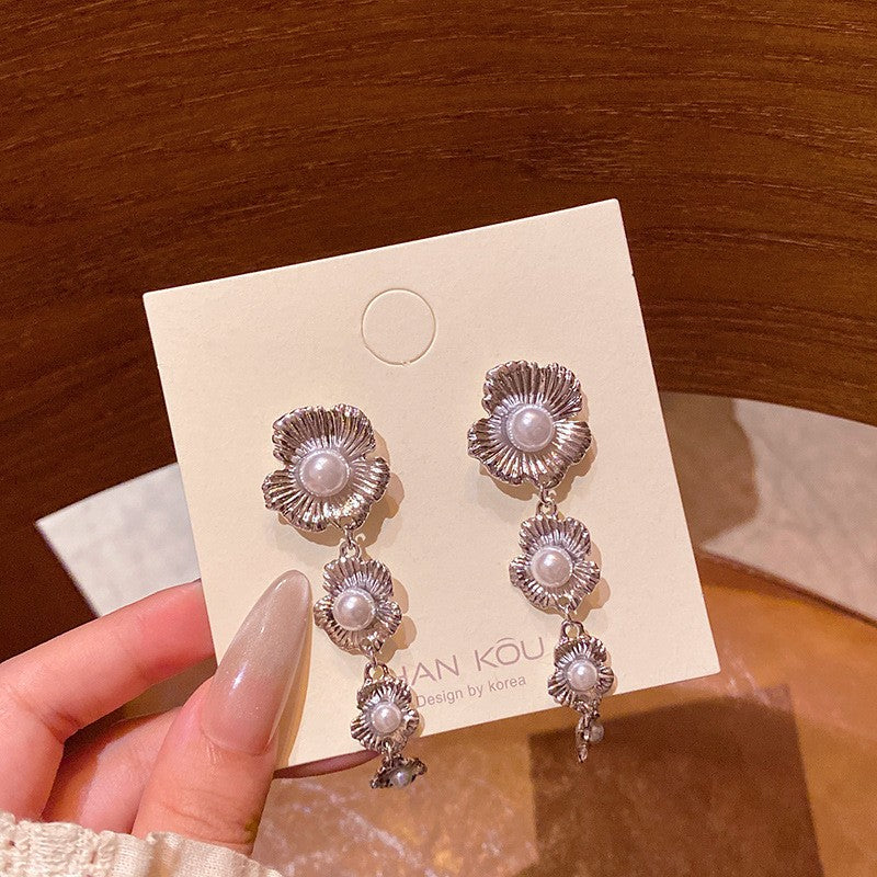 6 Pairs - French Retro Pleated Flower Earrings - Silver (1 Pair Price - 41)