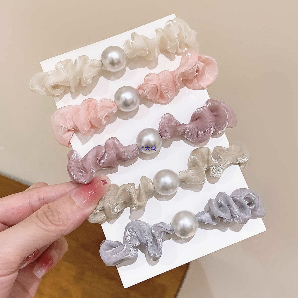 10 Pc - Korean Super Fairy Organza Imitation Pearl Hair Band Rubberband opp packing (1 Pc Price - 6)