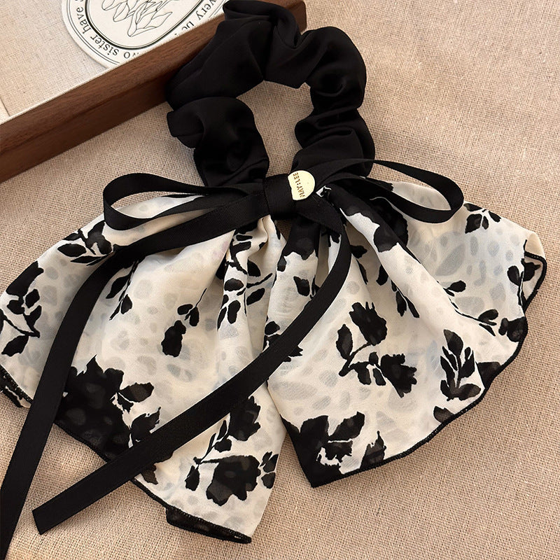 3 Pc - White background with black flower ribbon skirt hair rope rubberband (1 Pc -  Price - 43)