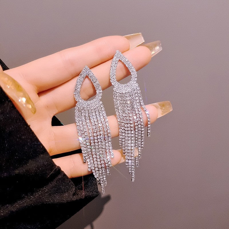 6 Pairs - Water Drop Full Diamond Long Tassel Luxury Earrings (1 Pair Price - 69)