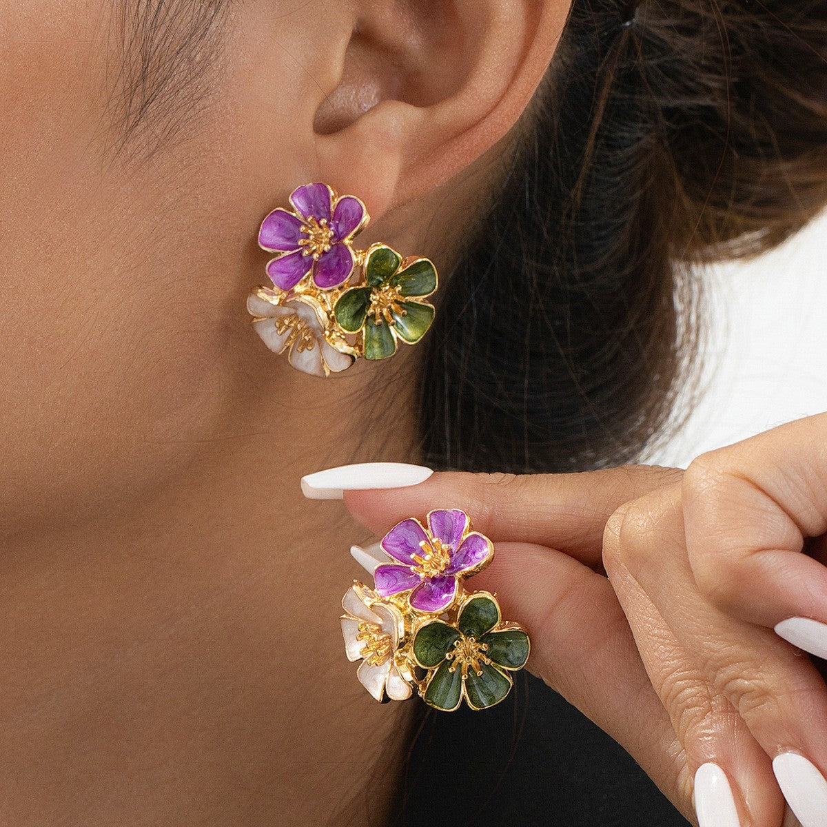 6 Pairs - Sweet and elegant metal oil-drip flower stud earrings (Mix Color) (1 Pair Price - 43)