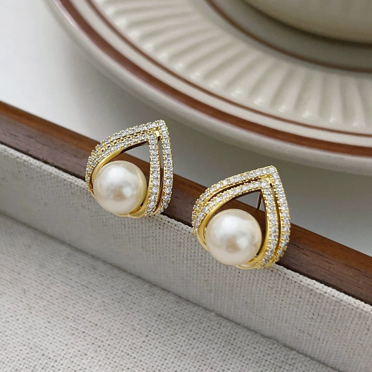 6 Pairs - Rhinestones Pearl Earrings - Golden (1 Pair Price - 26)