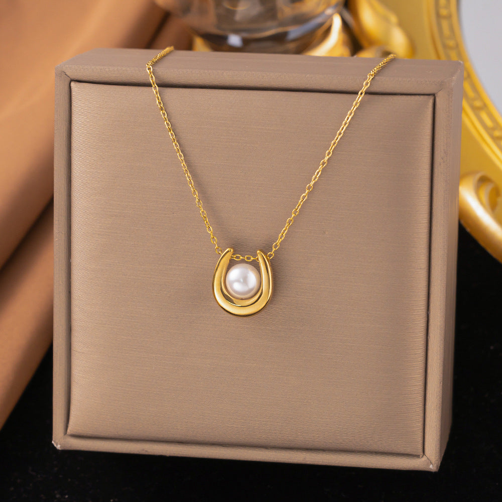 3 Pc - Anti Tarnish U-shaped pearl necklace - Gold (1 Pc Price - 55)