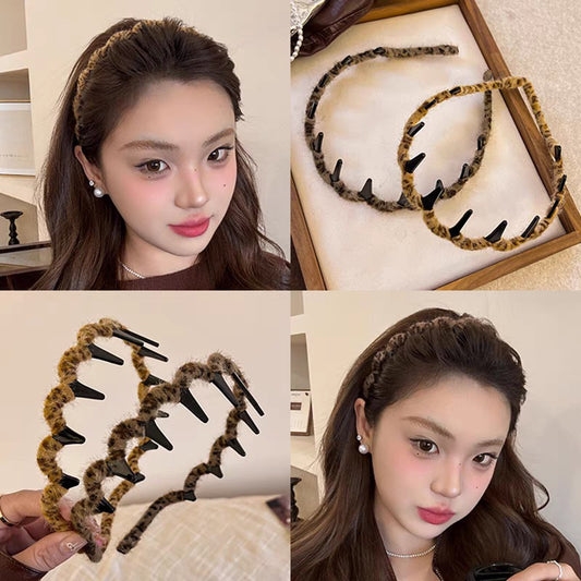 6 Pc - Plush Leopard Print Toothed Non-Slip Headband (Mix Color) (Unit Price - 20)