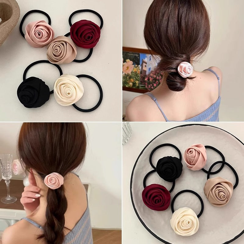 5 Pc - French Satin Retro Handmade Rose Hair Band, Elegant Elegant Hair Tie Rubber band (Mix Color OPP bag) (Unit Price 13)