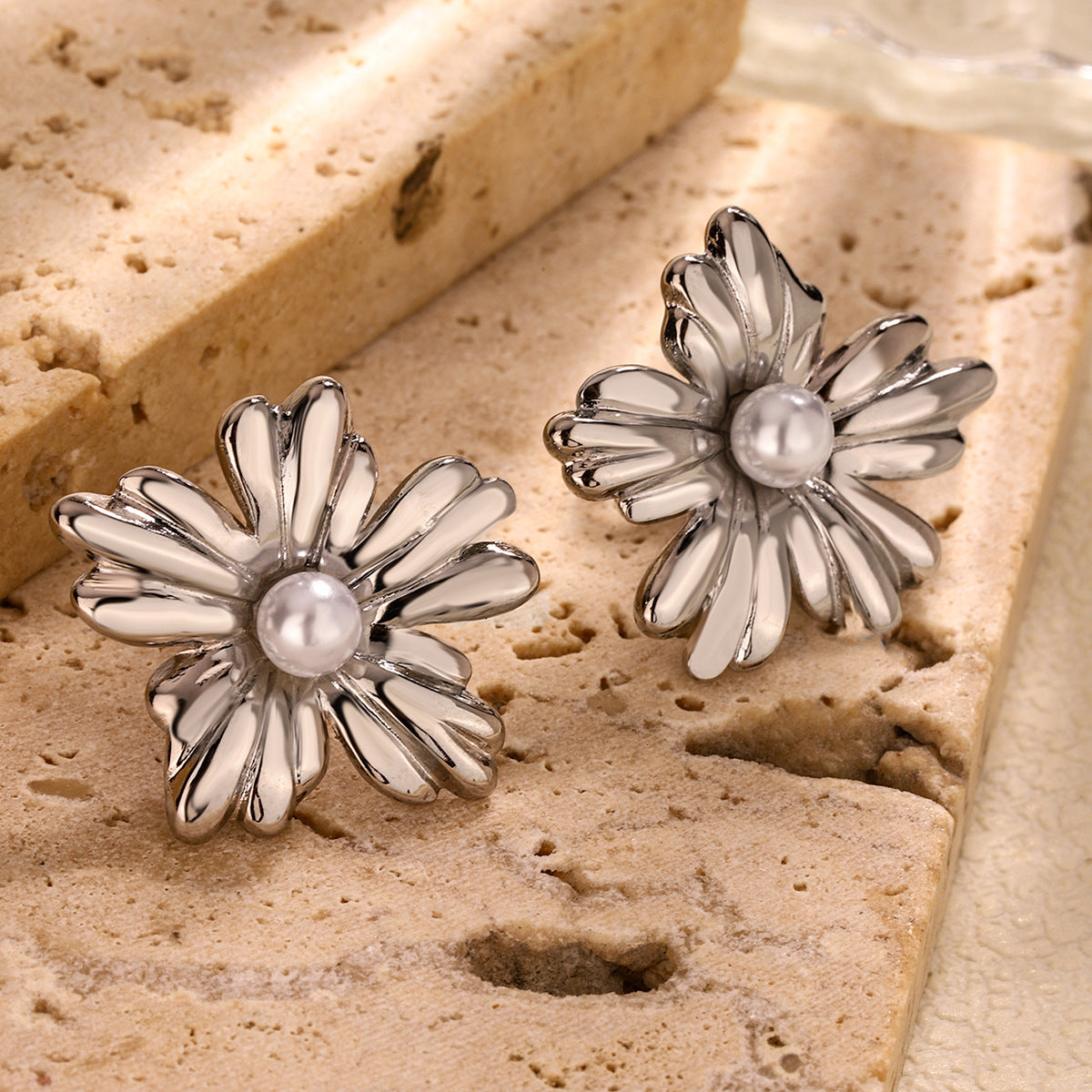 3 Pairs - Anti Tarnish Silver Pearl Flower Earrings (1 Pair Price - 48)