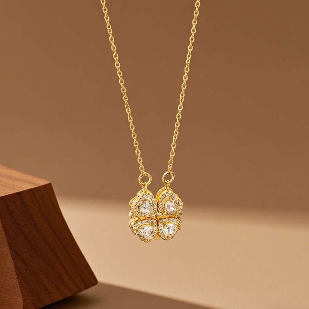 3 Pc - Anti Tarnish White zirconia four-leaf clover necklace gold (1 Pc Price - 131)