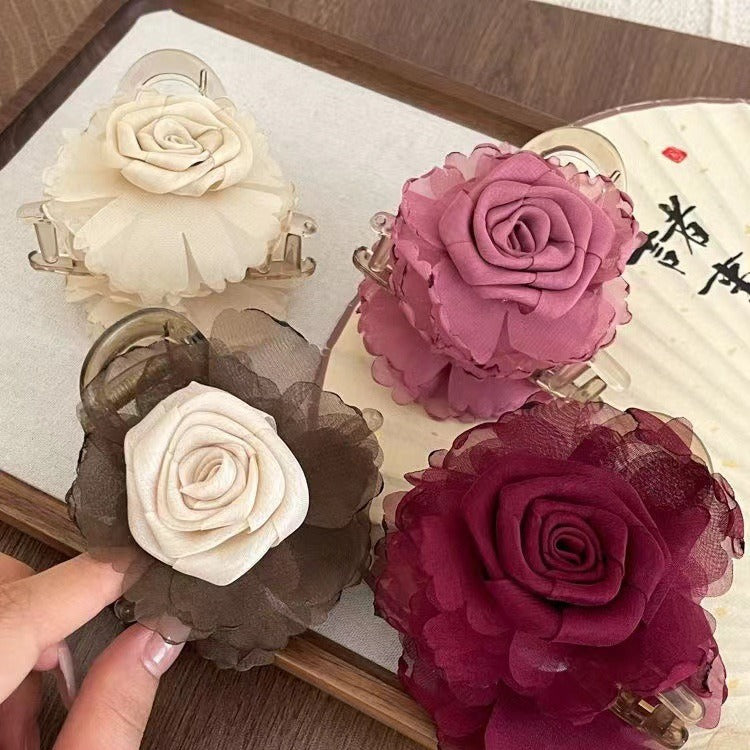 3 Pc - Fairy-Style Tulle Rose Acrylic Hair Clip Cluther - Milky White (1 Pc Price - 40)