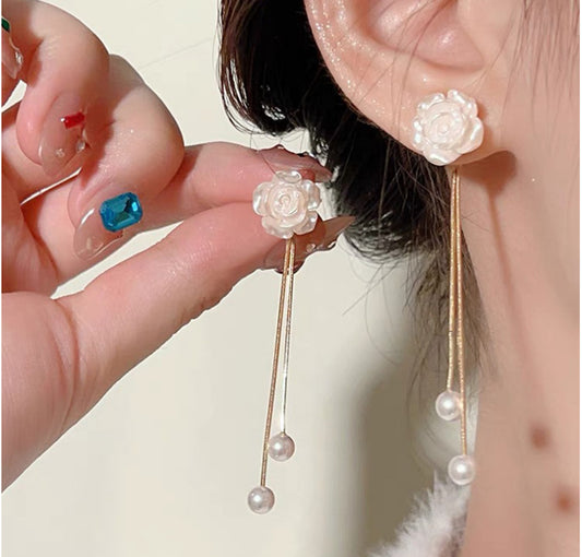 6 Pc - White camellia tassel earrings (Unit Price - 37)