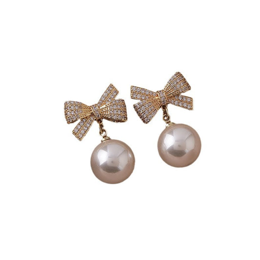 6 Set - Bow round bead diamond earrings - White (1 Set price - 35)