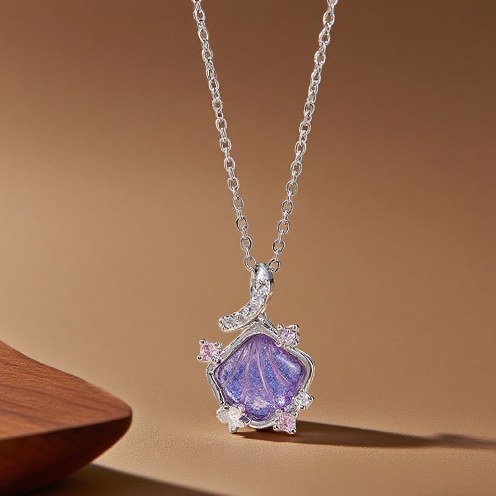 3 Pc - Anti Tarnish Diamond purple shell necklace silver (1 Pc Price - 83)