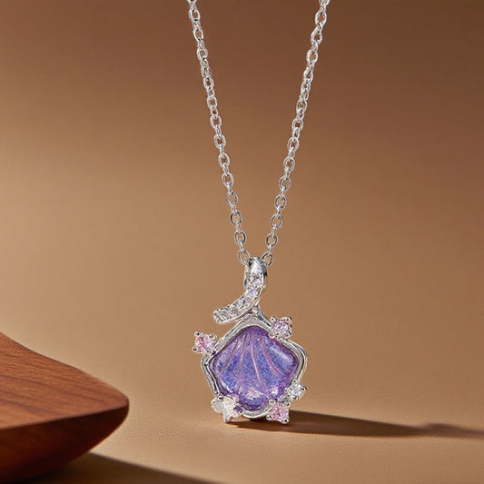 3 Pc - Anti Tarnish Diamond purple shell necklace silver (1 Pc Price - 83)
