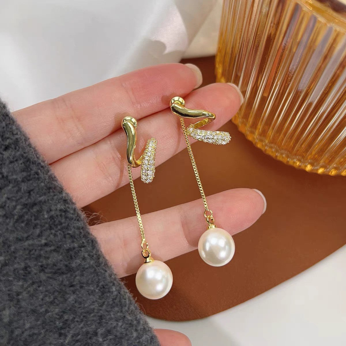6 Pairs - Long Tassel Linen Pearl Earrings - Golden (1 Pair Price - 43)