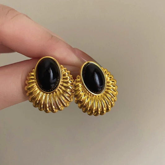 6 Pairs - Black Oval Vintage Earrings - Golden (1 Pair Price - 27)