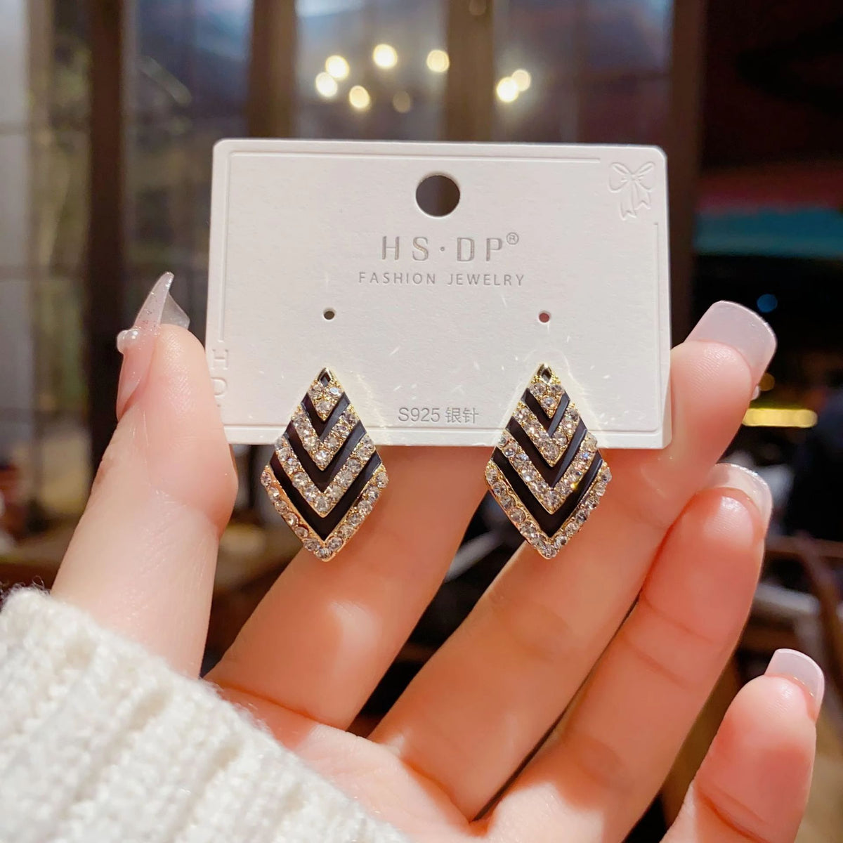 6 Pairs - Rhombus Black White Striped Rhinestone Earrings (1 Pair Price - 23)