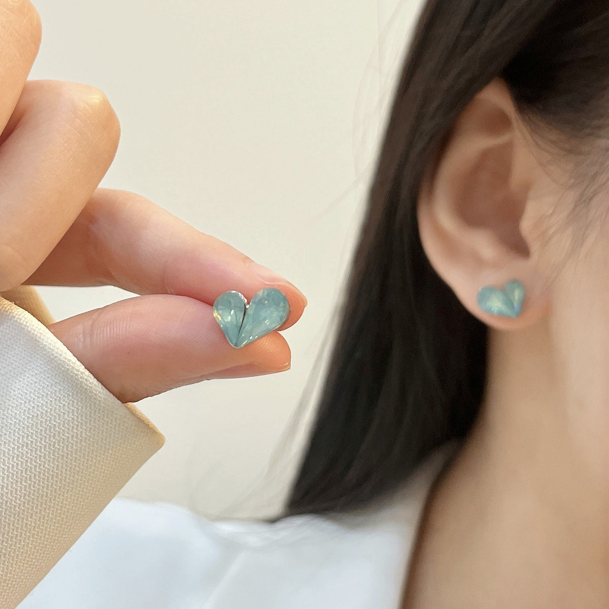 6 Pairs - Blue Rhinestone Heart-Shaped Earrings (1 Pair Price - 24)