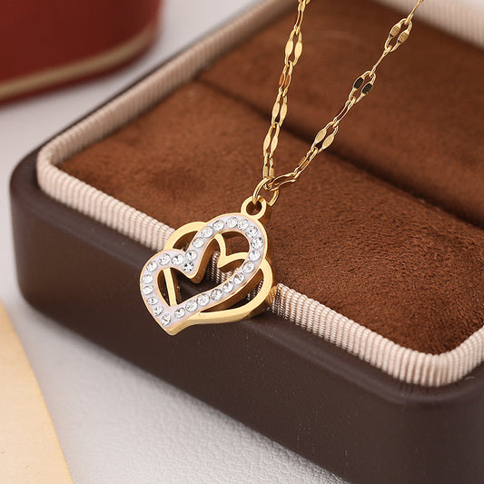 3 Pc - Double Heart Diamond Necklace - Golden (Unit Price - 96)