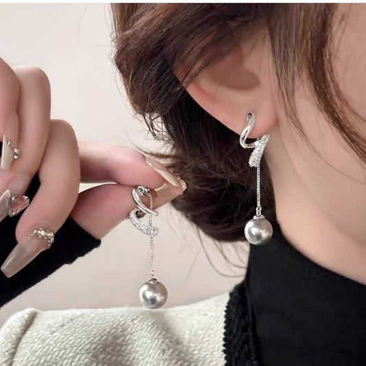 6 Pairs - Long Tassel Linen Pearl Earrings - Silver (1 Pair Price - 43)