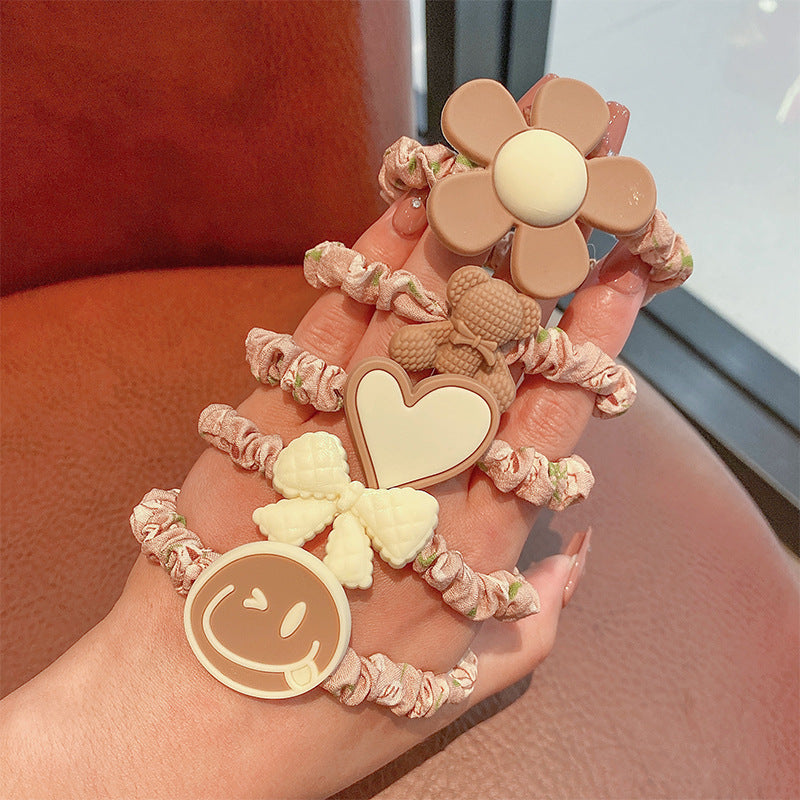 6 Set - Sweet Flower Brown Series Hair tie rubberband (Mix Color) (5pc set opp packing) (1 Set Price - 35)