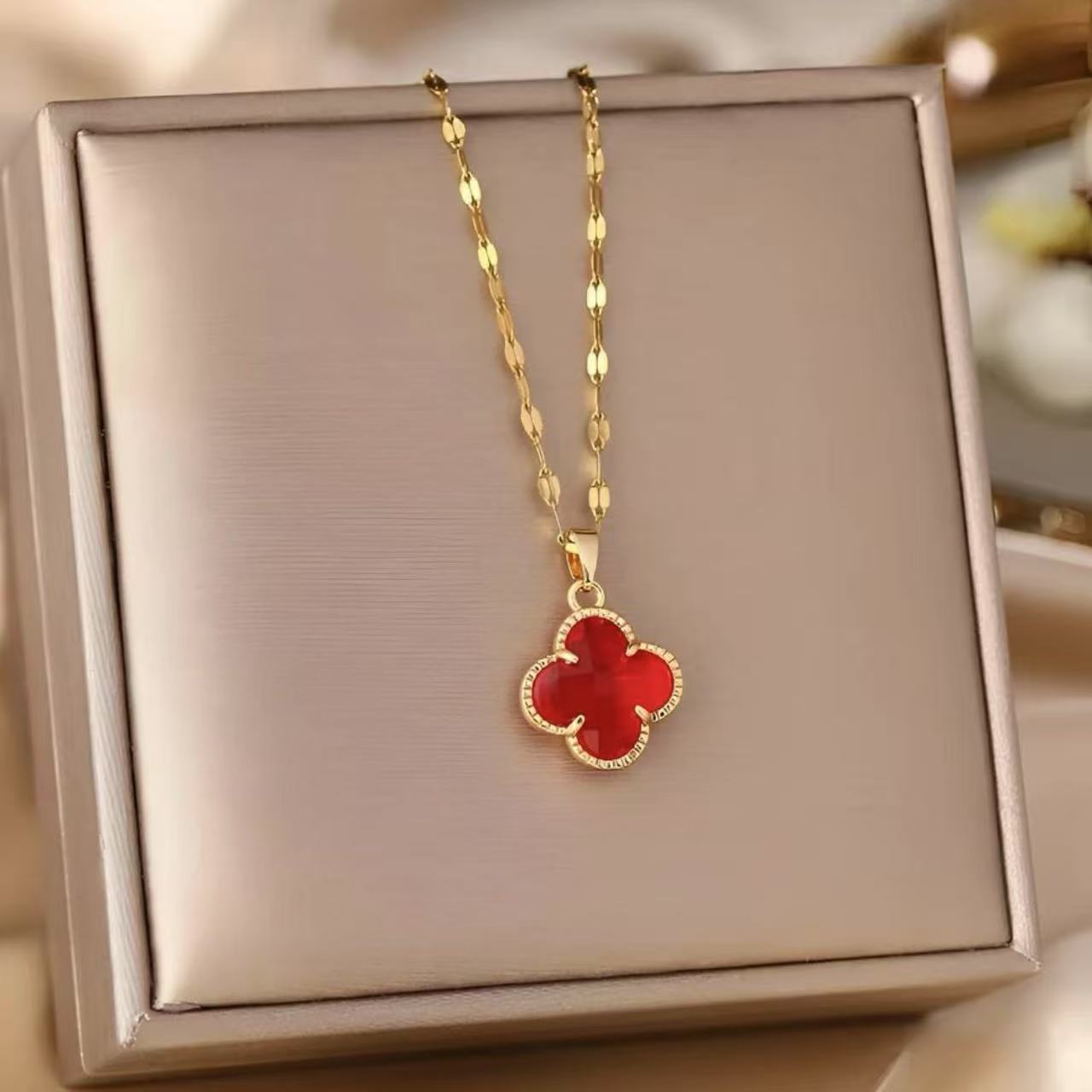 3 Pc - Anti Tarnish Red crystal four-leaf flower necklace (1 Pc Price - 64)