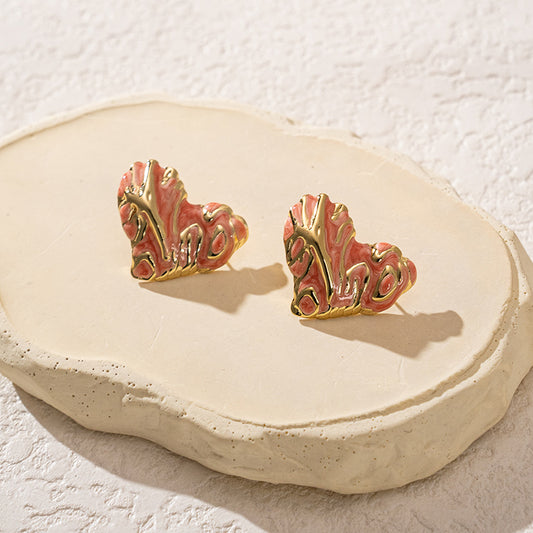 3 Pairs - Colorful Oil Drop Stainless Steel Heart Earrings - Pink (1 Pair Price - 51)