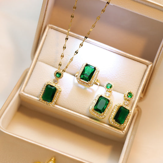 6 Set - Emerald Crystal Zircon Earring Ring and Necklace Set  (1 Set Price - 80)