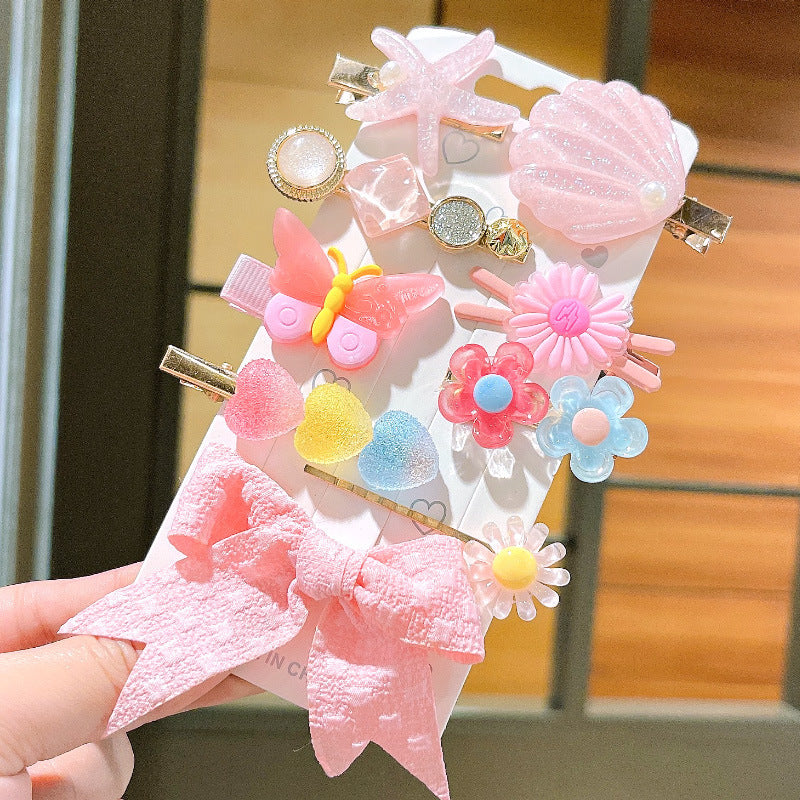 Light pink plaid bow starfish shell 9-piece set hairclip Card Packing