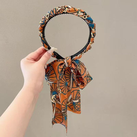 3 Pc - Retro printed ribbon tooth comb headband hair tie - Orange (Unit Price - 33)