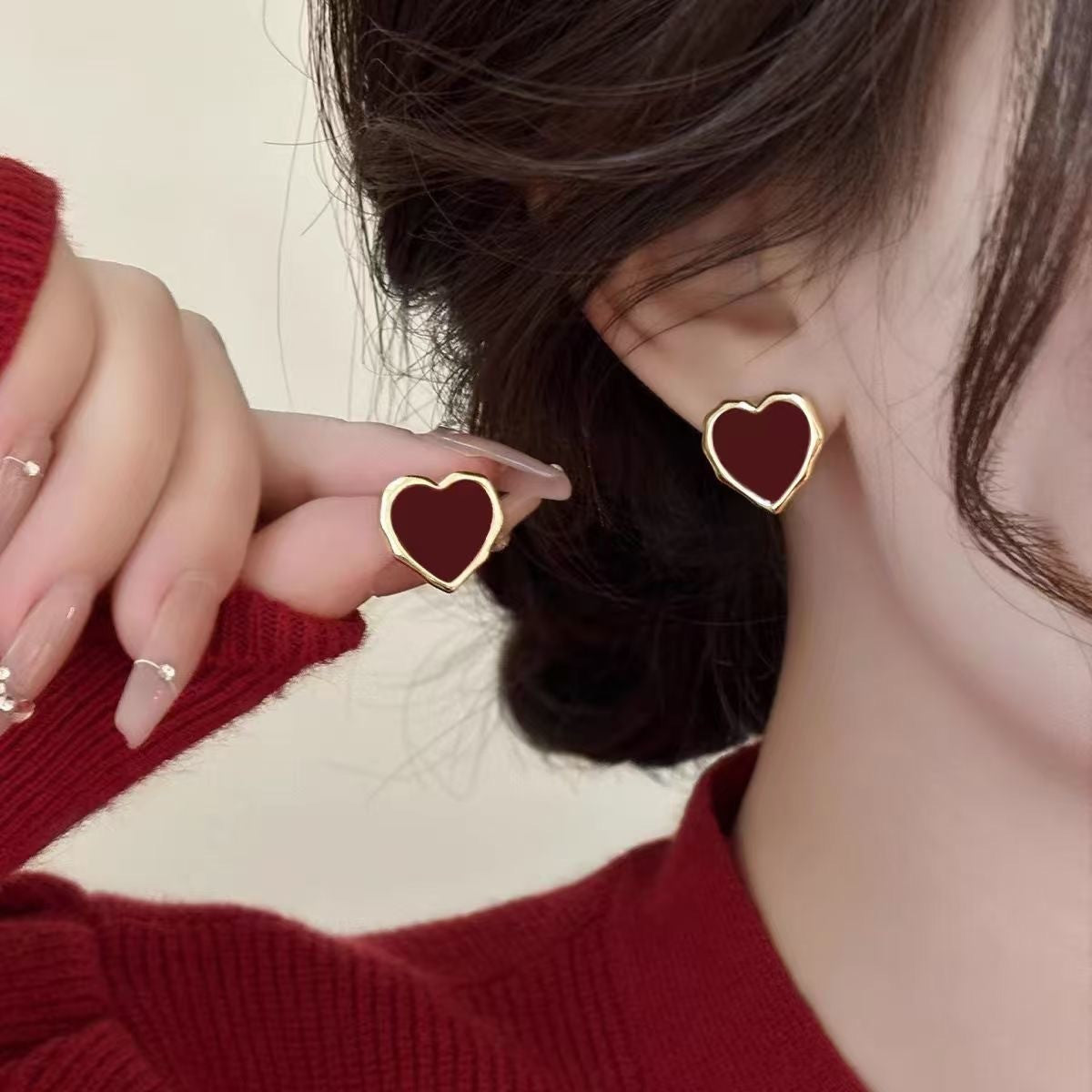 6 Pairs - Korean Simple Burgundy Oil Drop Earrings (1 Pair Price - 18)