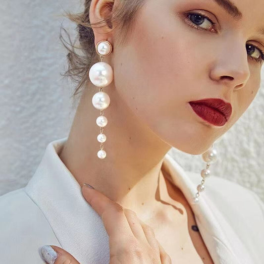 6 Pairs - Exaggerated Pearl Long Earrings - Golden (1 Pair Price - 30)