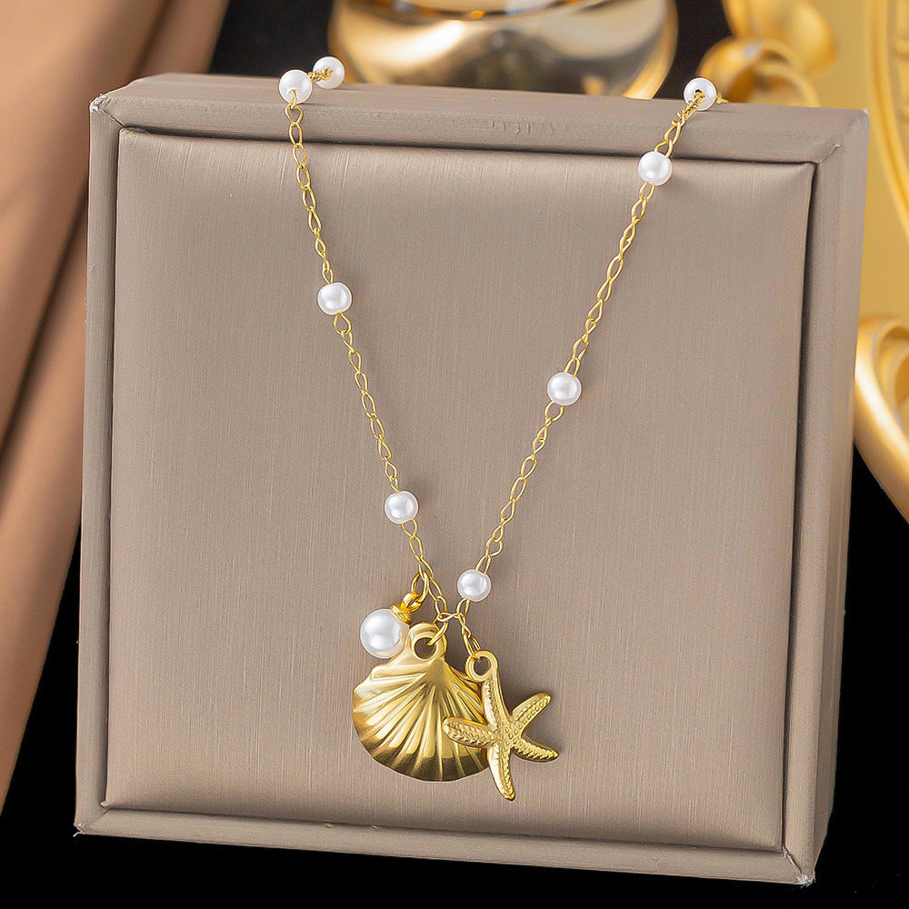 3 Pc - Anti Tarnish Starfish pearl shell chain necklace gold (1 Pc Price - 137)