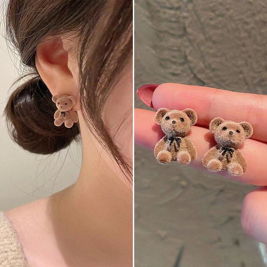 6 Set - Korean flocking cute bear earrings - Brown (1 Set price - 44)