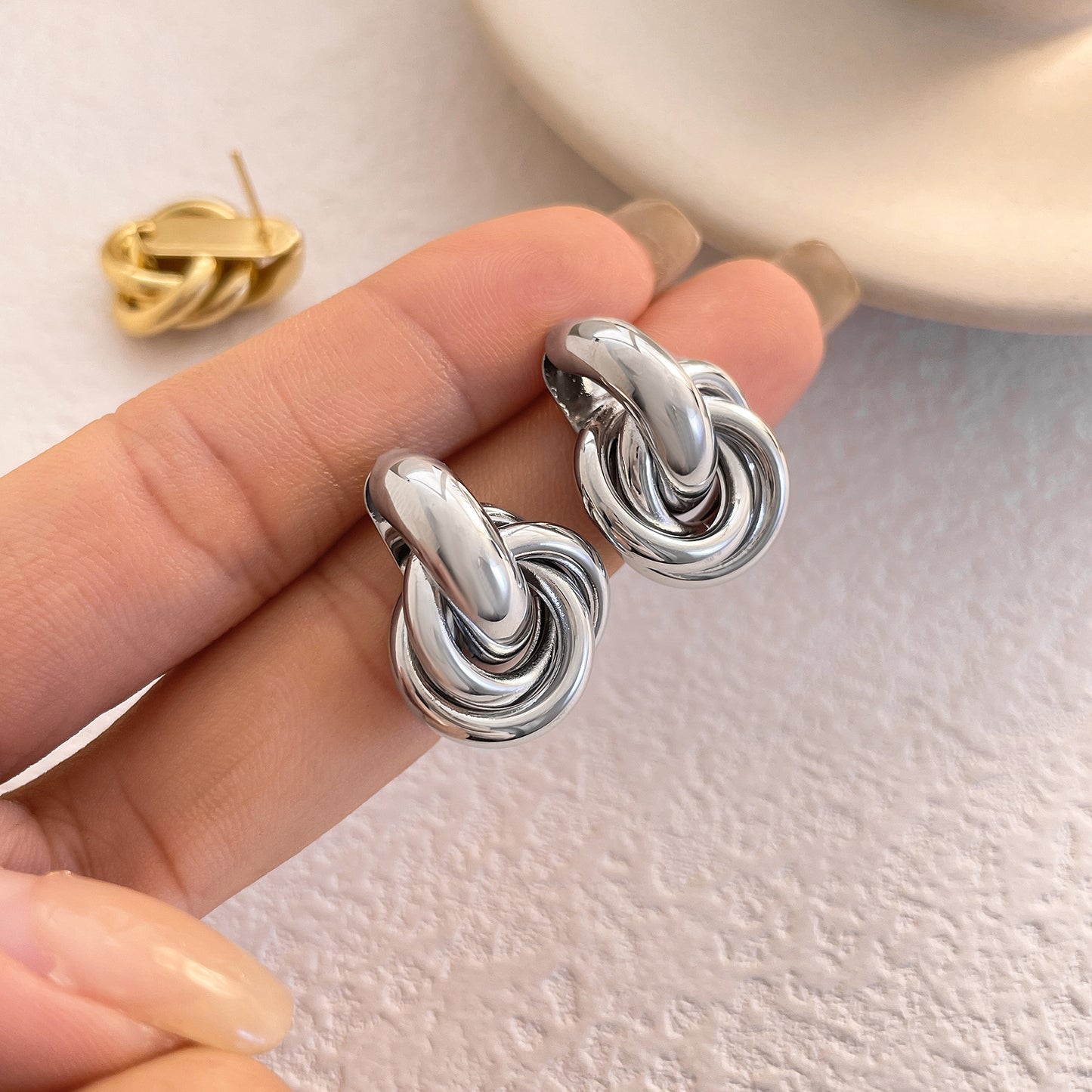 6 Pairs - Circle Geometric Twisted Multi-Layered Twist Earring - Silver (1 Pair Price - 32)