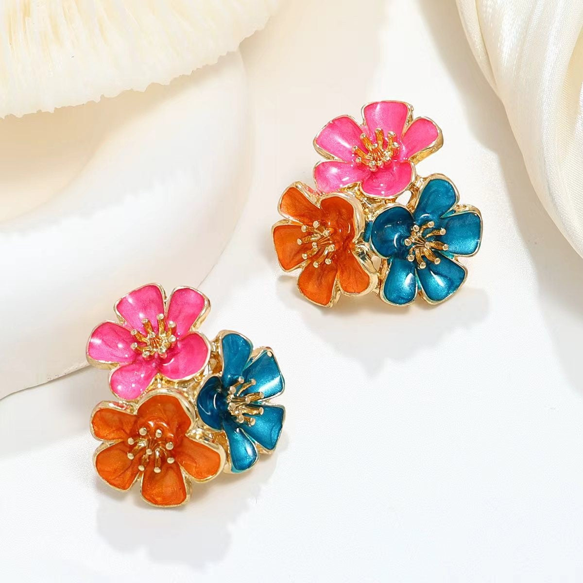 6 Pairs - Sweet and elegant metal oil-drip flower stud earrings (Mix Color) (1 Pair Price - 43)