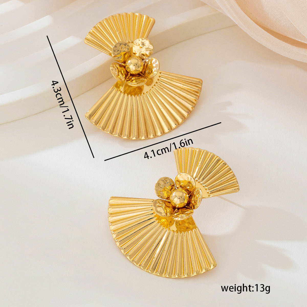 6 Pairs - Geometric Pleated Fan-Shaped Flower Metal Earrings (1 Pair Price - 33)