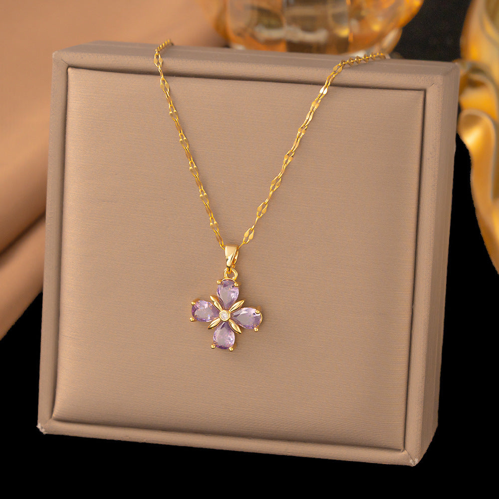 3 Pc - Anti Tarnish Purple diamond four-leaf clover necklace gold (1 Pc Price - 92)