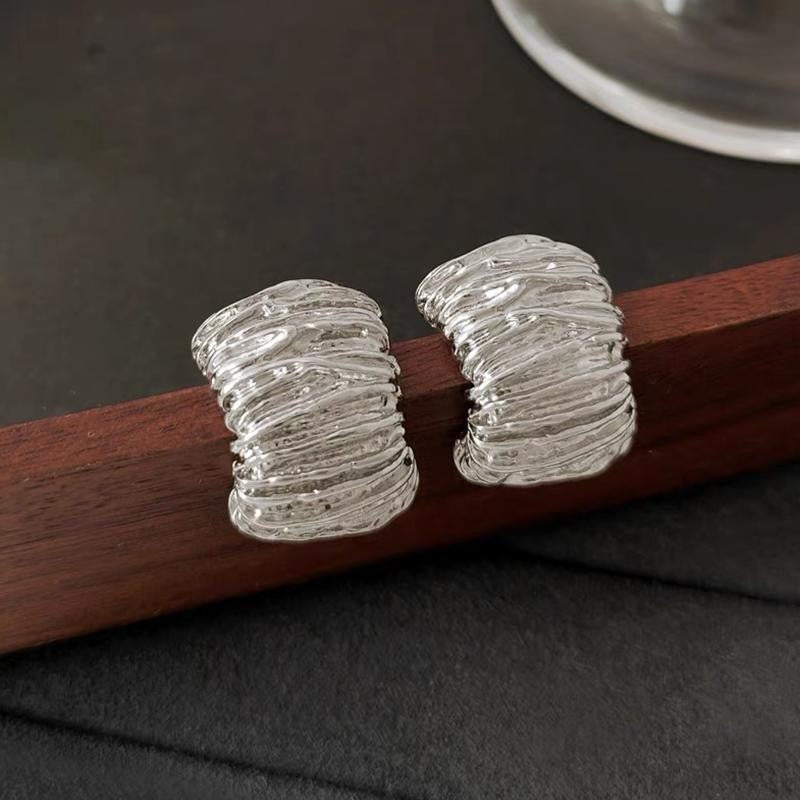 6 Pairs - Irregular Metal Pleated Earrings - Silver (1 Pair Price - 20)