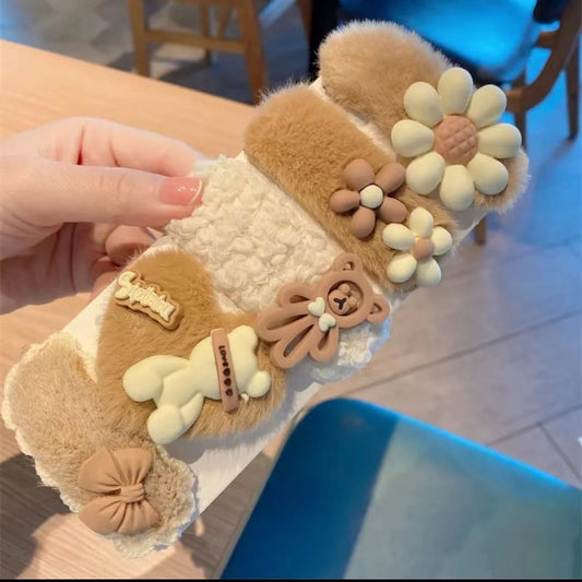 Sweet flower cartoon fur plush hair clip (5 Pc Set card packing)