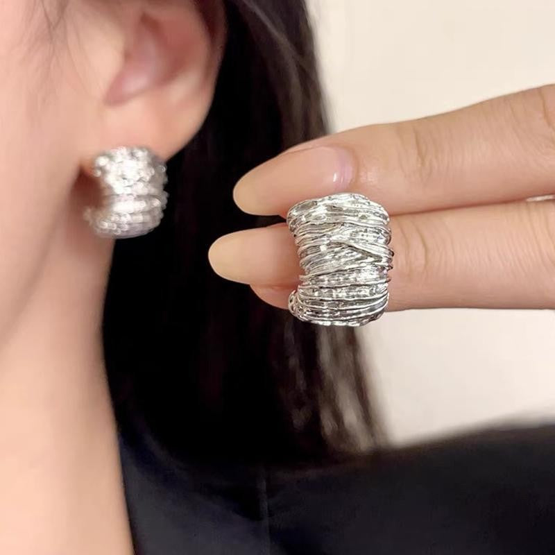6 Pairs - Irregular Metal Pleated Earrings - Silver (1 Pair Price - 20)