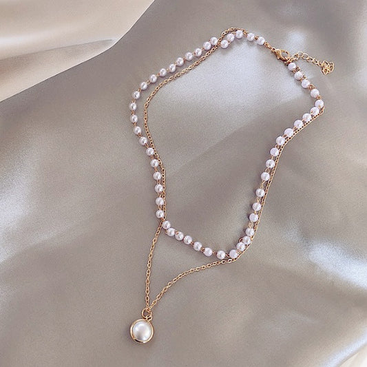 6 Set - Simple chain beaded multi-layer pearl pendant necklace (1 Set price - 32)