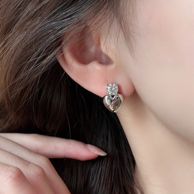 6 Pairs - Heart-Shaped Zircon Earrings - Silver (1 Pair Price - 20)
