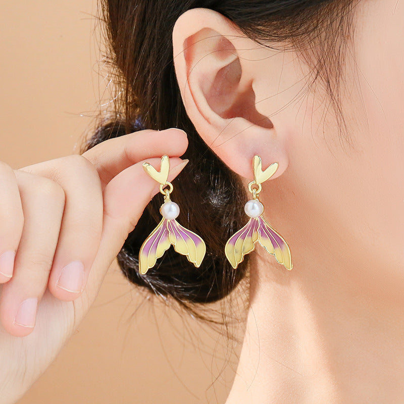 6 Pairs - Korean Heart-Shaped Pearl Purple Gradient Fishtail Earrings (1 Pair Price - 37)